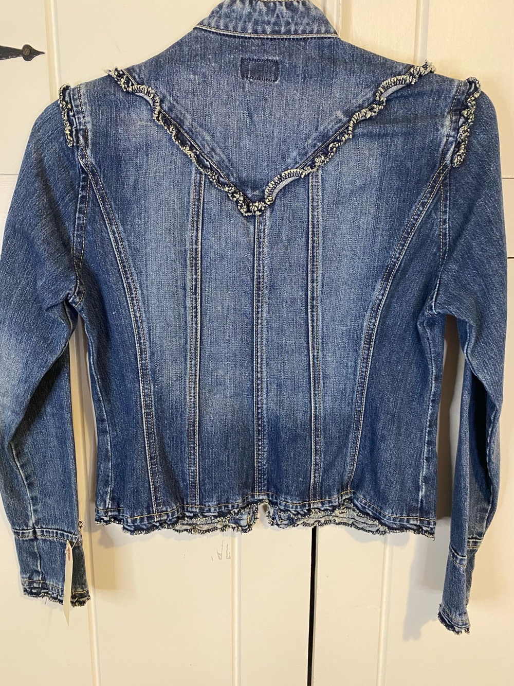 Vintage Rave fitted denim jacket with high neck and frayed ruffle detailing. Med - Picture 9 of 9